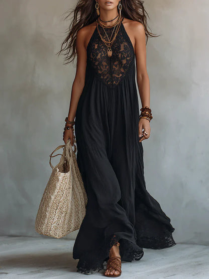 Vestido Maxi Negro Sin Mangas con Detalles de Encaje Bohemio Precio rebajado
