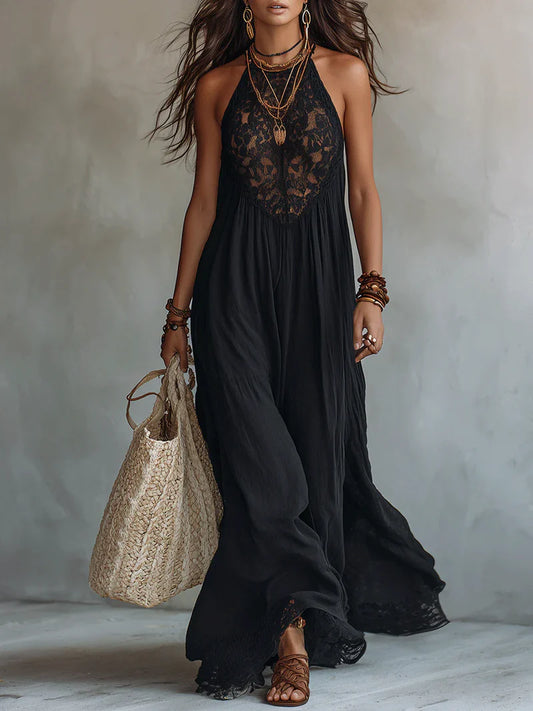 Triana Vestido Maxi Negro Sin Mangas con Detalles de Encaje Bohemio Precio rebajado