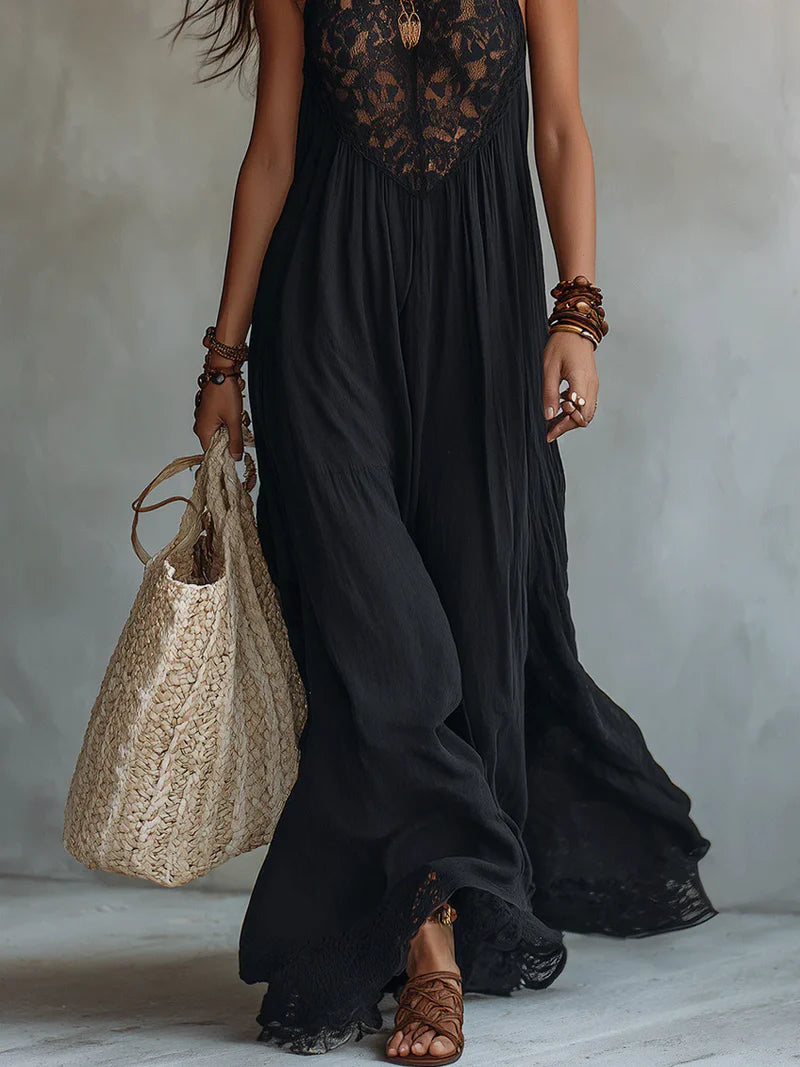 Vestido Maxi Negro Sin Mangas con Detalles de Encaje Bohemio Precio rebajado