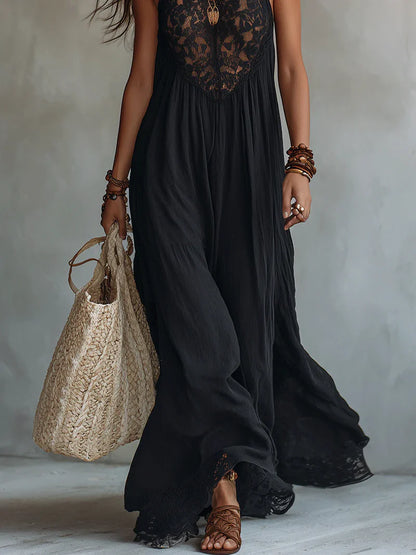 Vestido Maxi Negro Sin Mangas con Detalles de Encaje Bohemio Precio rebajado