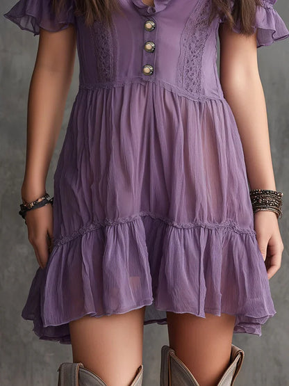 Lidia Vestido Mini de Chiffon con Mangas Abullonadas y Fruncidos