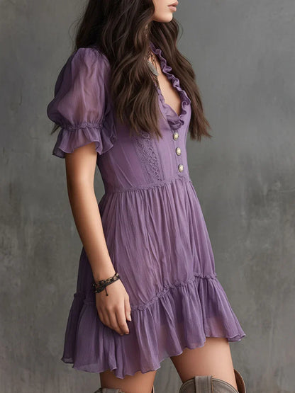 Lidia Vestido Mini de Chiffon con Mangas Abullonadas y Fruncidos