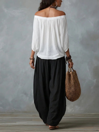 Conjunto Blanco de Top Bardot y Pantalón Ancho Tipo Farol
