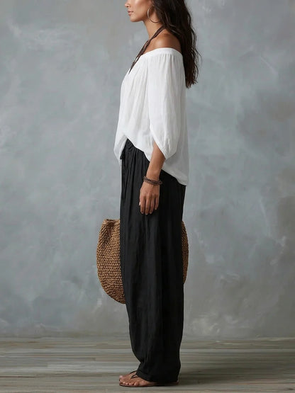 Conjunto Blanco de Top Bardot y Pantalón Ancho Tipo Farol