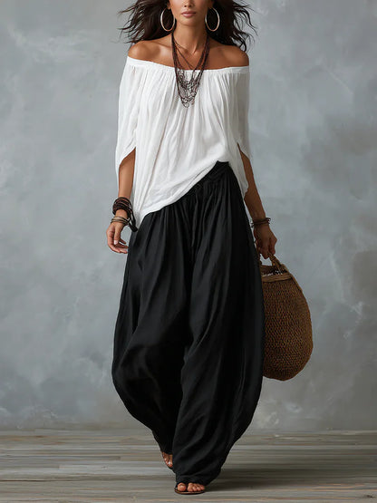 Conjunto Blanco de Top Bardot y Pantalón Ancho Tipo Farol