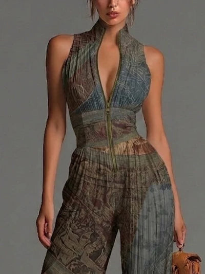 Mono de Chiffon sin Mangas con Estampado Étnico Bohemio, Cremallera y Pernera Ancha Plisada