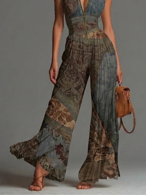 Mono de Chiffon sin Mangas con Estampado Étnico Bohemio, Cremallera y Pernera Ancha Plisada