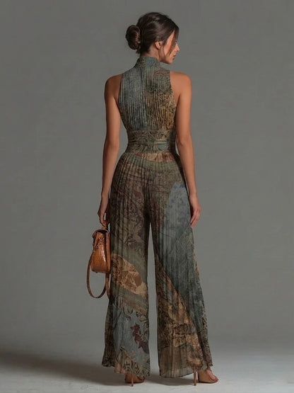 Mono de Chiffon sin Mangas con Estampado Étnico Bohemio, Cremallera y Pernera Ancha Plisada