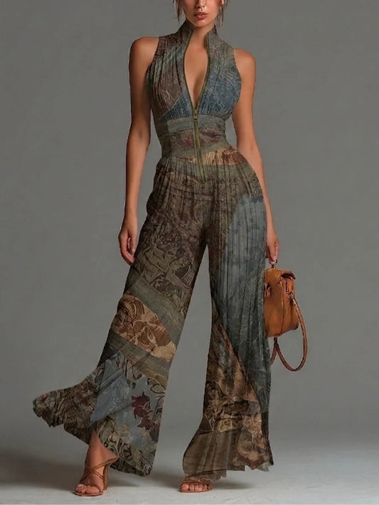 María Mono de Chiffon sin Mangas con Estampado Étnico Bohemio, Cremallera y Pernera Ancha Plisada