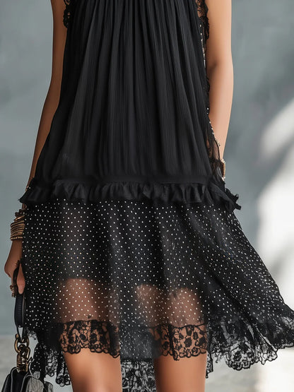 Elina Vestido Mini Negro con Tul de Lunares, Volantes y Acabado de Encaje Negro