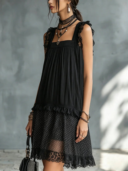 Elina Vestido Mini Negro con Tul de Lunares, Volantes y Acabado de Encaje Negro