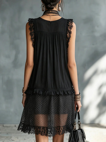 Elina Vestido Mini Negro con Tul de Lunares, Volantes y Acabado de Encaje Negro
