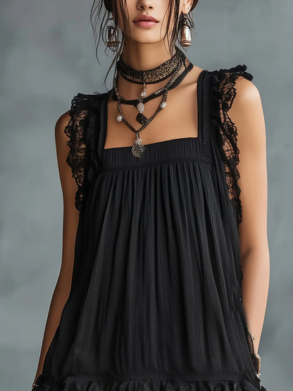 Elina Vestido Mini Negro con Tul de Lunares, Volantes y Acabado de Encaje Negro