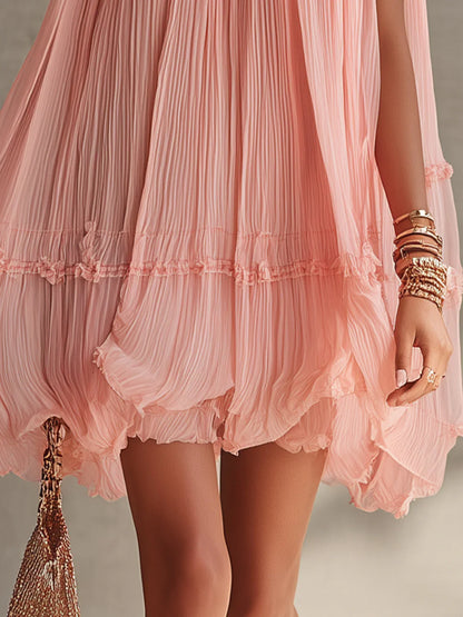 Magdalena Vestido Mini de Chiffon Rosa a Rayas con Escote Halter