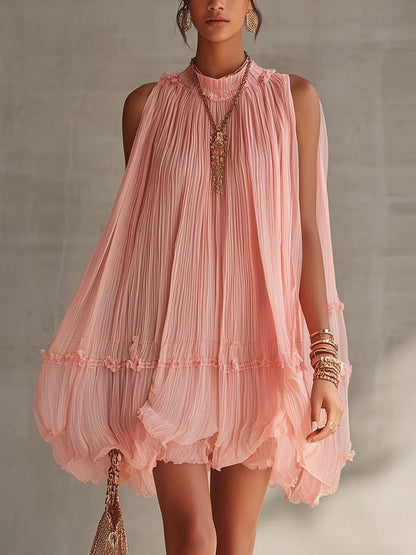 Magdalena Vestido Mini de Chiffon Rosa a Rayas con Escote Halter