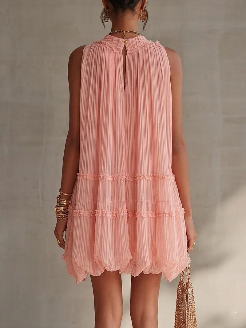 Magdalena Vestido Mini de Chiffon Rosa a Rayas con Escote Halter