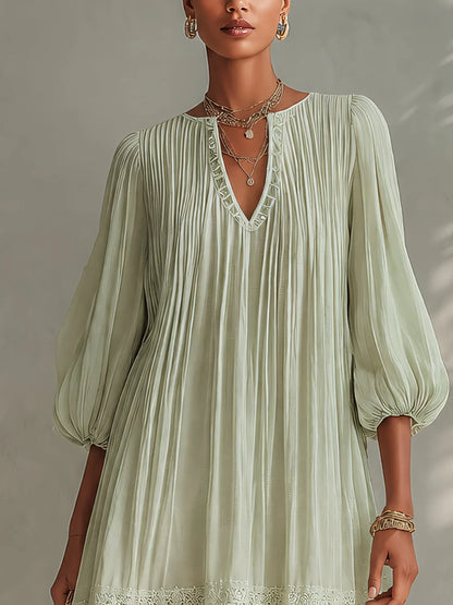 Iria Vestido Mini Verde Claro de Chiffon Plisado con Mangas Farol de Encaje