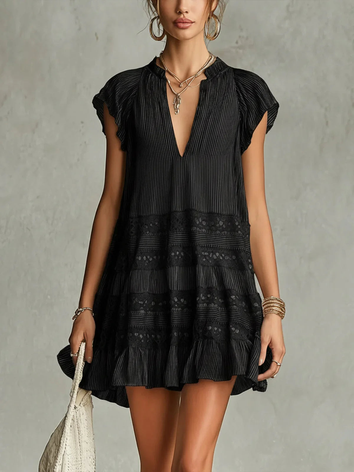Gala Vestido Mini de Chiffon con Encaje y Volantes