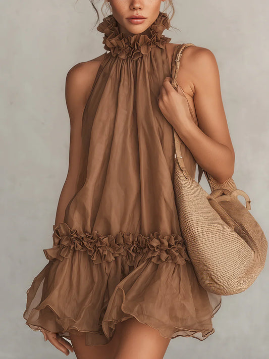 Romina Vestido Mini de Chiffon Marrón con Escote Halter y Detalles de Volantes