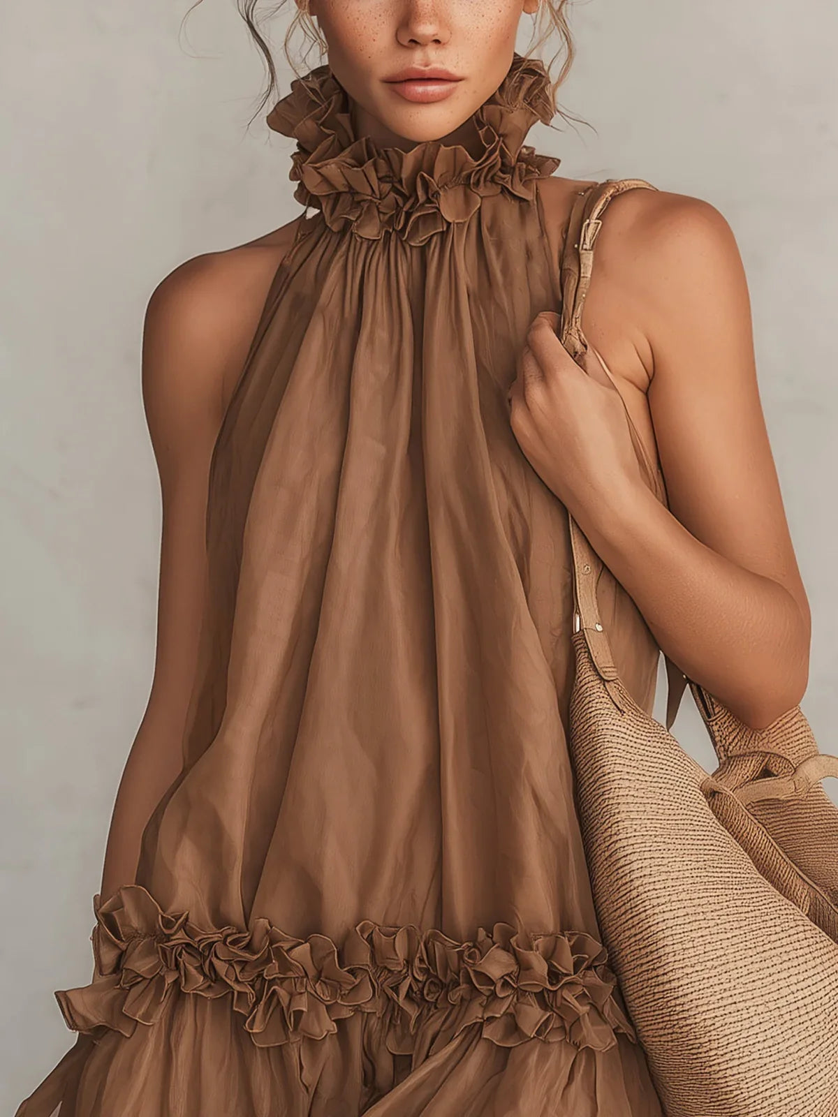 Romina Vestido Mini de Chiffon Marrón con Escote Halter y Detalles de Volantes