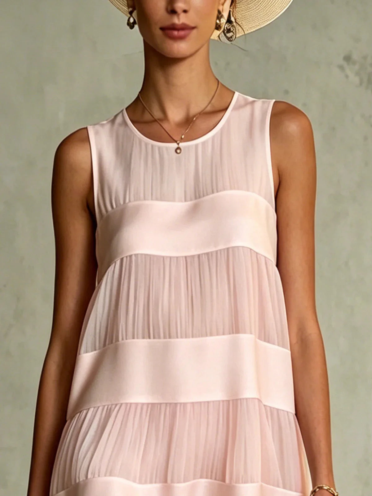 Estrella Vestido Mini de Chiffon Rosa Claro Plisado con Diseño de Capas y Patchwork
