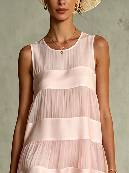Estrella Vestido Mini de Chiffon Rosa Claro Plisado con Diseño de Capas y Patchwork