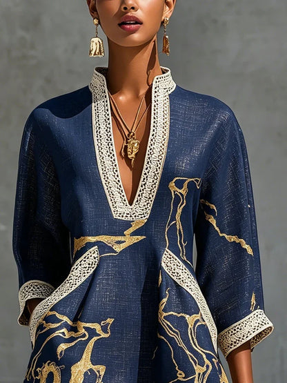 Cira Vestido Mini Azul Marino de Encaje de Ganchillo con Escote en V y Estampado Dorado