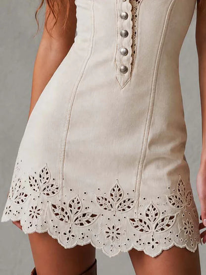Adara Vestido Mini Color Marfil de Encaje Calado con Escote en V