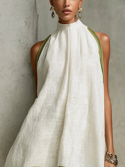 Ofelia Vestido Mini en Línea A Blanco y Verde Oliva con Estampado Floral sin Mangas