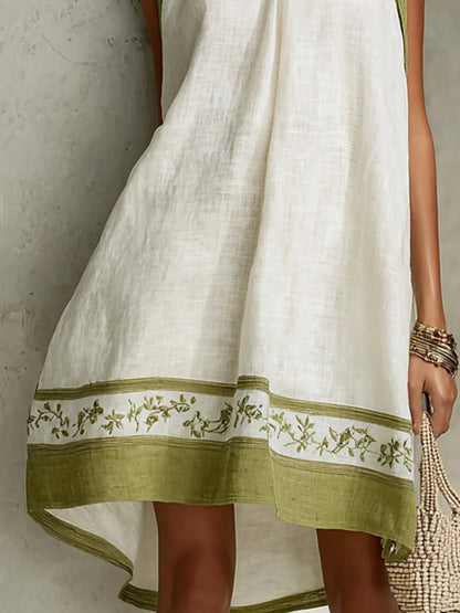 Ofelia Vestido Mini en Línea A Blanco y Verde Oliva con Estampado Floral sin Mangas
