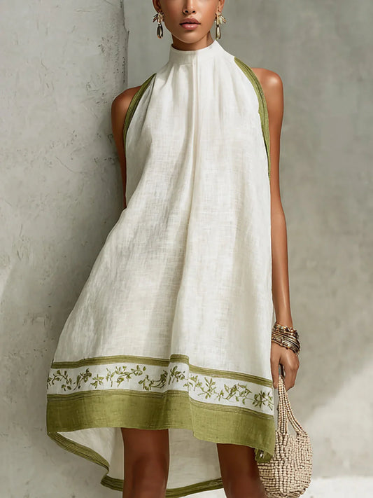 Ofelia Vestido Mini en Línea A Blanco y Verde Oliva con Estampado Floral sin Mangas