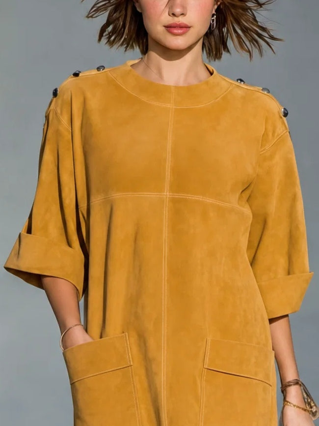 Marina Vestido Mini de Ante Sintético Amarillo Jengibre con Botones en los Hombros y Bolsillos de Parche