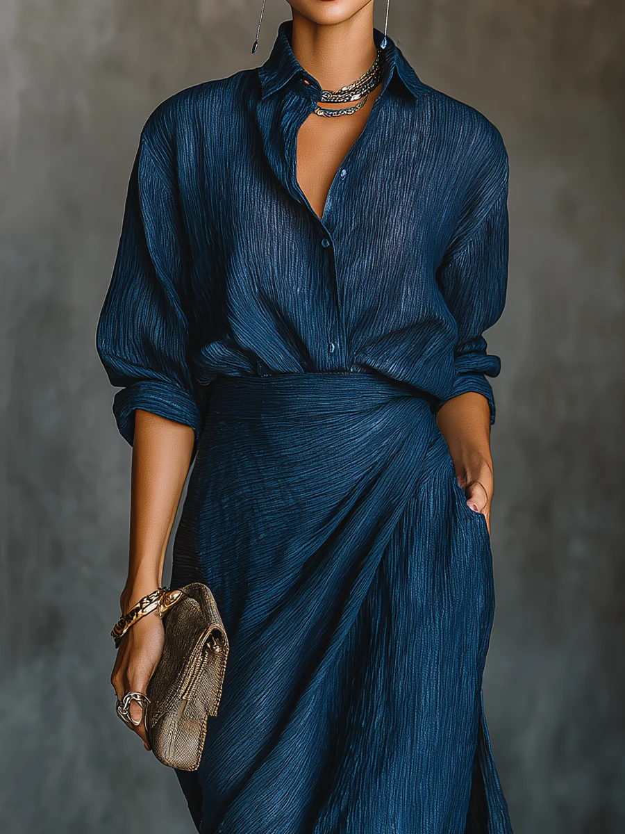 Clara Conjunto Elegante de Camisa y Falda Larga Azul Oscuro