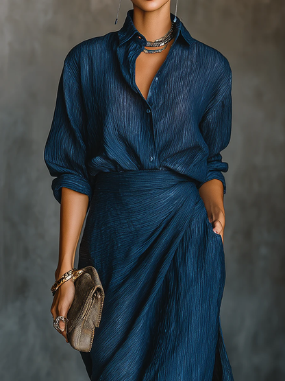 Clara Conjunto Elegante de Camisa y Falda Larga Azul Oscuro