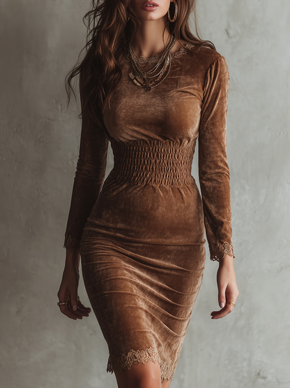 Noelia Vestido Midi Marrón de Terciopelo con Cintura Entallada y Encaje