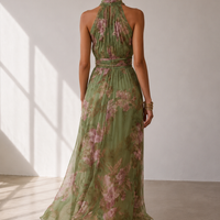 Vestido Maxi Halter Floral Verde de Gasa