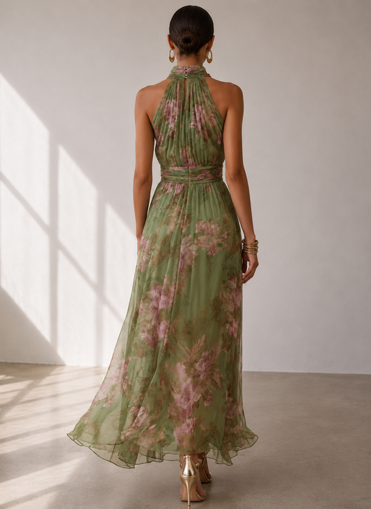 Vestido Maxi Halter Floral Verde de Gasa