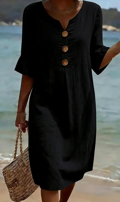 Vestido Texturizado con Mangas Abullonadas y Botones