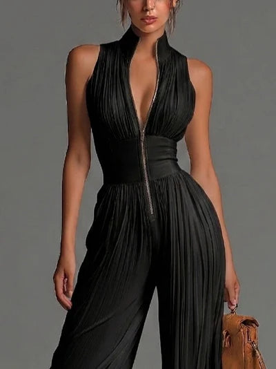Mono Negro sin Mangas de Chiffon con Escote en V, Pliegues, Cremallera y Pernera Ancha