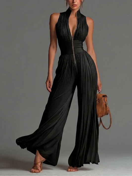 Mercedes Mono Negro sin Mangas de Chiffon con Escote en V, Pliegues, Cremallera y Pernera Ancha