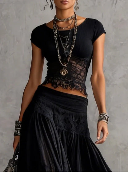 Conjunto de Top de Encaje Negro Semitransparente y Falda Maxi Plisada