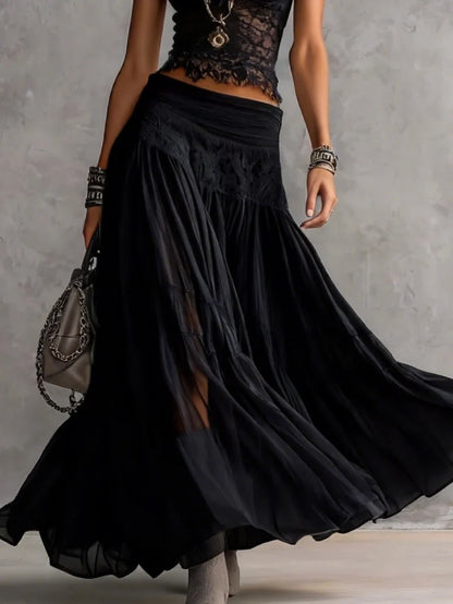 Conjunto de Top de Encaje Negro Semitransparente y Falda Maxi Plisada
