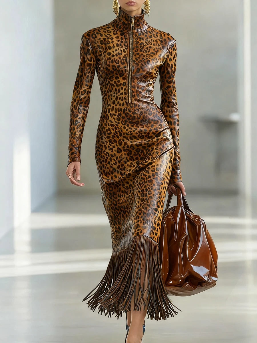 Aurora Vestido Maxi Animal Print con Flecos