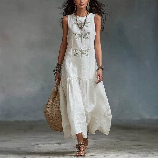 Baltasara Vestido Midi Bohemio con Estampado de Libélulas