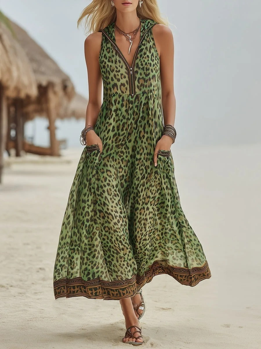 Camila Vestido Maxi Animal Print con Capucha