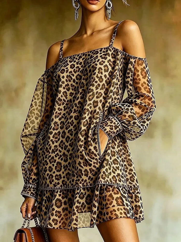 Miranda Vestido Animal Print de Hombros Descubiertos