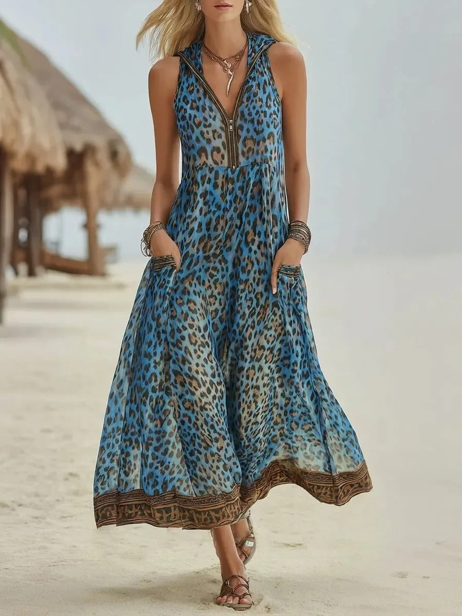 Camila Vestido Maxi Animal Print con Capucha