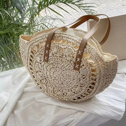 Adriana Bolso Redondo de Rafia Tejida Estilo Bohemio