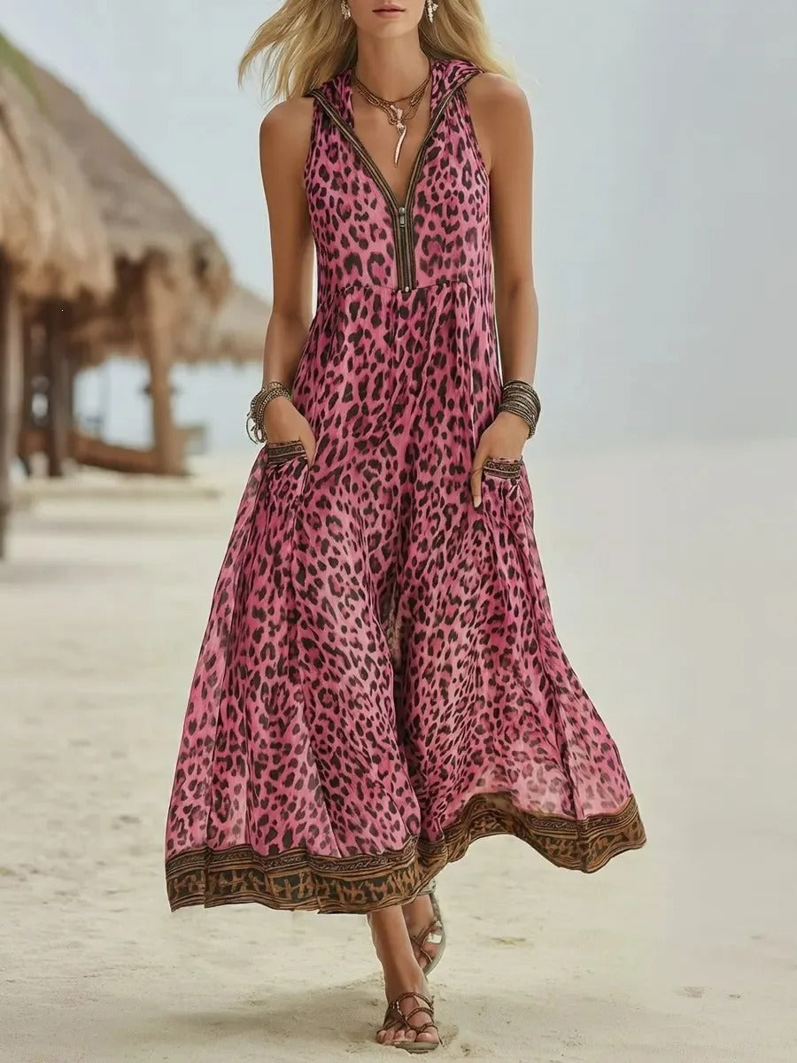 Camila Vestido Maxi Animal Print con Capucha