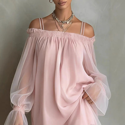Elisa Vestido Mini de Tul con Hombros Descubiertos y Manga Larga